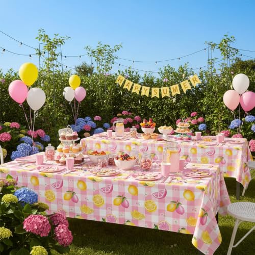 2-Pack Pink Plaid Lemon Tablecloths | Waterproof Floral Print
