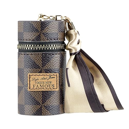 Adorila Brown Vegan Leather Lipstick Keychain with Scarf Charm - Compact Makeup Organizer