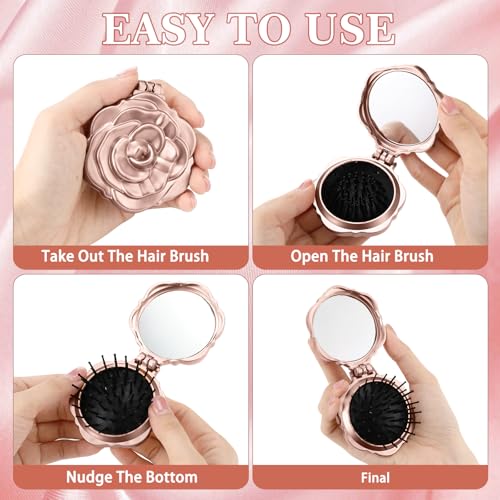 Sunnychicc 6 Pcs Rose Gold Travel Hairbrush with Mirror - Compact & Portable
