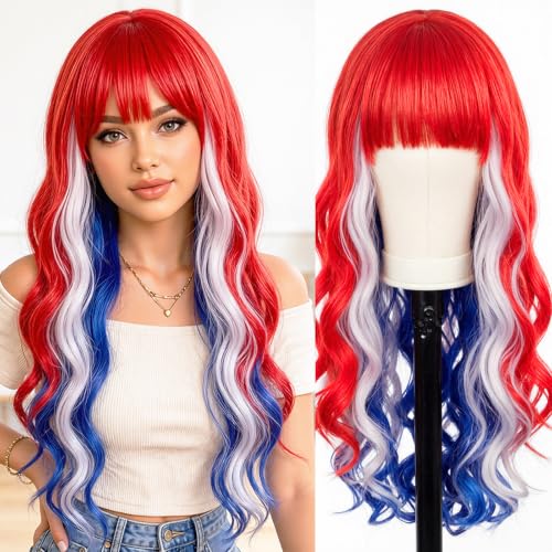 ANOGOL Red White Blue Wig - 32in Patriotic Costume Wig for Women