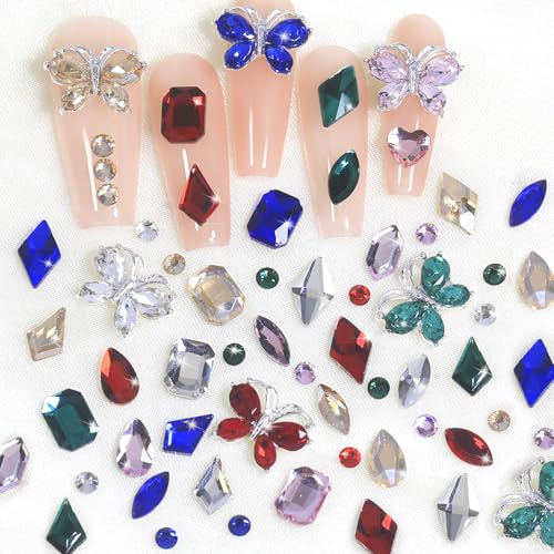 Silver Butterfly Nail Charms & Colorful Rhinestones for Nail Art & Crafts