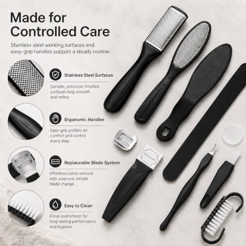 10-in-1 Pedicure Kit with Callus Shaver & Foot Files - Black