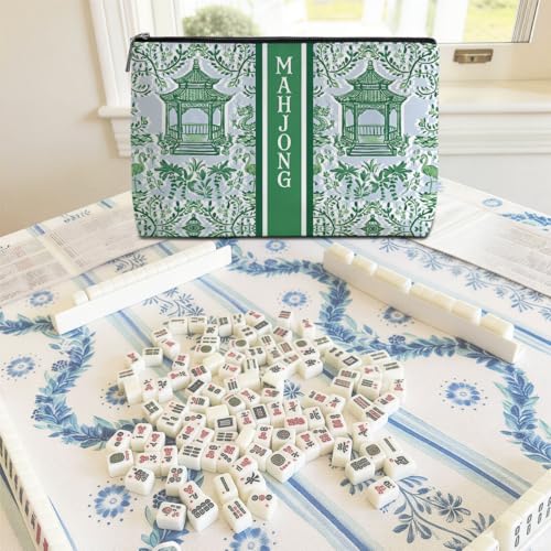 Multicolor Green Chinoiserie Mahjong Tile Bag with Makeup Storage - Blue Leaves