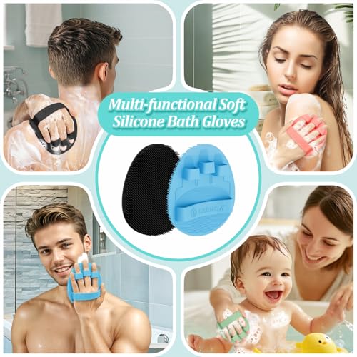 GEENOA Silicone Bath Gloves with Straps 2PCS - Deep Cleansing Exfoliating Body Scrubber, Enlarged & Anti-Slip for All Skin Types (Black+Blue)
