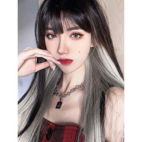 Kaneles Long Straight Synthetic Wig with Bangs - Black Mix Grey