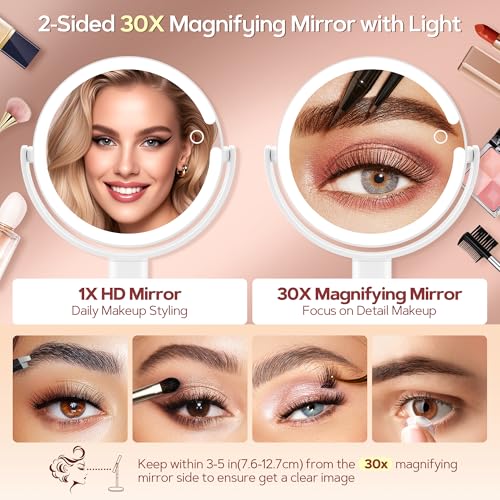 B Beauty Planet Vanity Mirror with Lights, 30X Magnifying Makeup Mirror with 3 Lighting and Adjustable Brightness, Rechargeable 2-Sided Height Adjustable Desk Mirror for Bathroom, Women Gifts for Mom