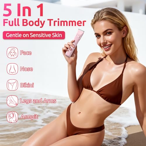 Bikini Trimmer for Women,5-in-1 Electric Razors for Women,Electric Shaver for Women's,IPX7 Waterproof Trimmer for Men Legs,with 5 Replaceable Blade Heads,USB Recharge Dock£¨Pink£©