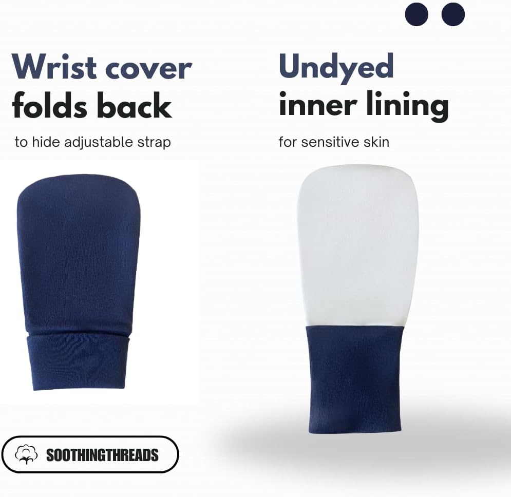 Organic Cotton Eczema Mittens for Adults - Anti-Scratch Nighttime Gloves with Adjustable Strap | Reusable & Washable, Navy, Medium