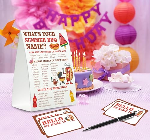 Summer BBQ Name Game Set with Sign & 30 Stickers for Parties