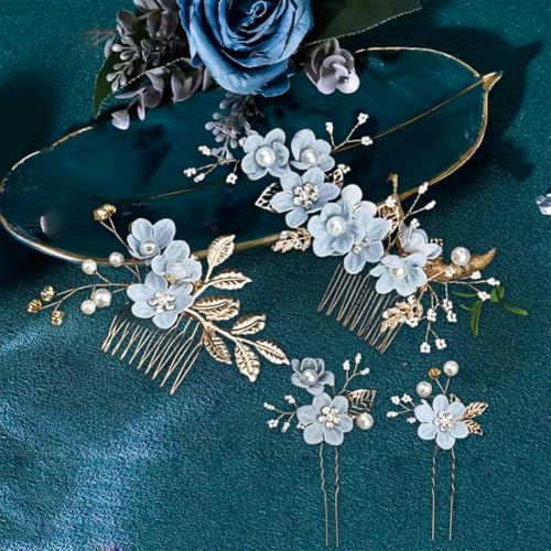 Gold & Blue Pearl Rhinestone Hair Comb for Brides & Bridesmaids