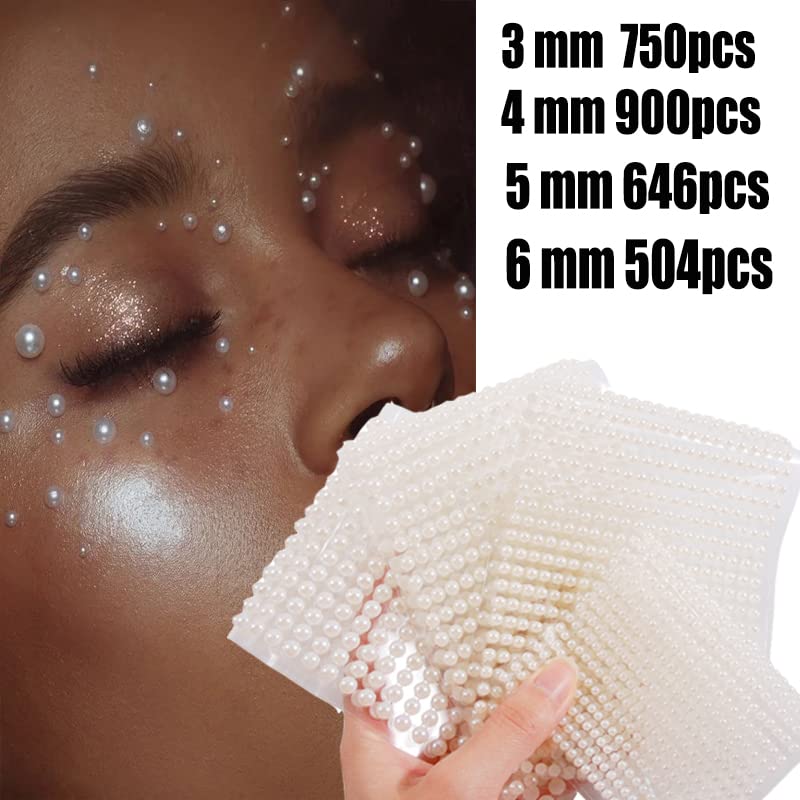 RUSTAMM White Pearl Face & Nail Rhinestones 3D Self-Adhesive Gems for Body Art & DIY Jewelry