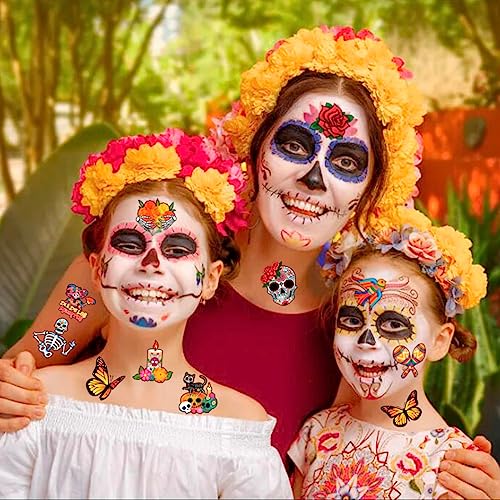 96pcs Day of the Dead Skeleton Face Tattoos - Colorful Sugar Skull Stickers for Halloween & Mexican Fiesta