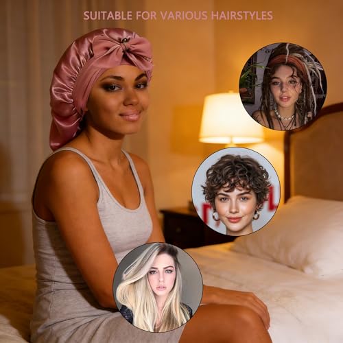 Akiweili Long Satin Bonnet for Sleeping - Soft Hair Cap (Pink)