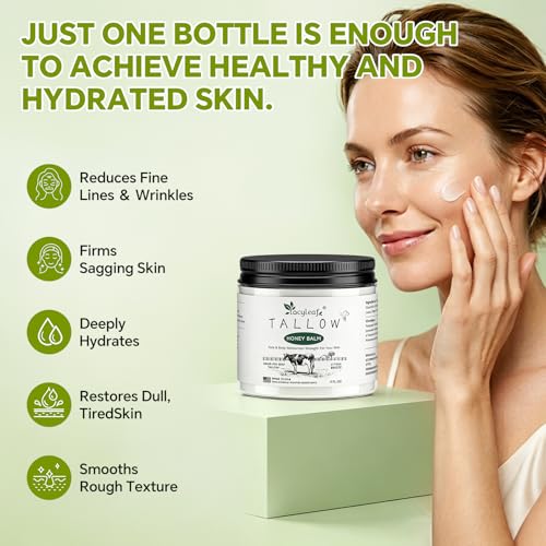 Beef Tallow Skin Care Balm with Honey – Organic Grass-Fed Nourishing Body Butter (4 oz), LOCYLEAF