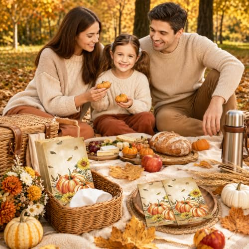100-Count Fall Napkins - Retro Pumpkin & Maple Design - 4.3x7.9 Inch