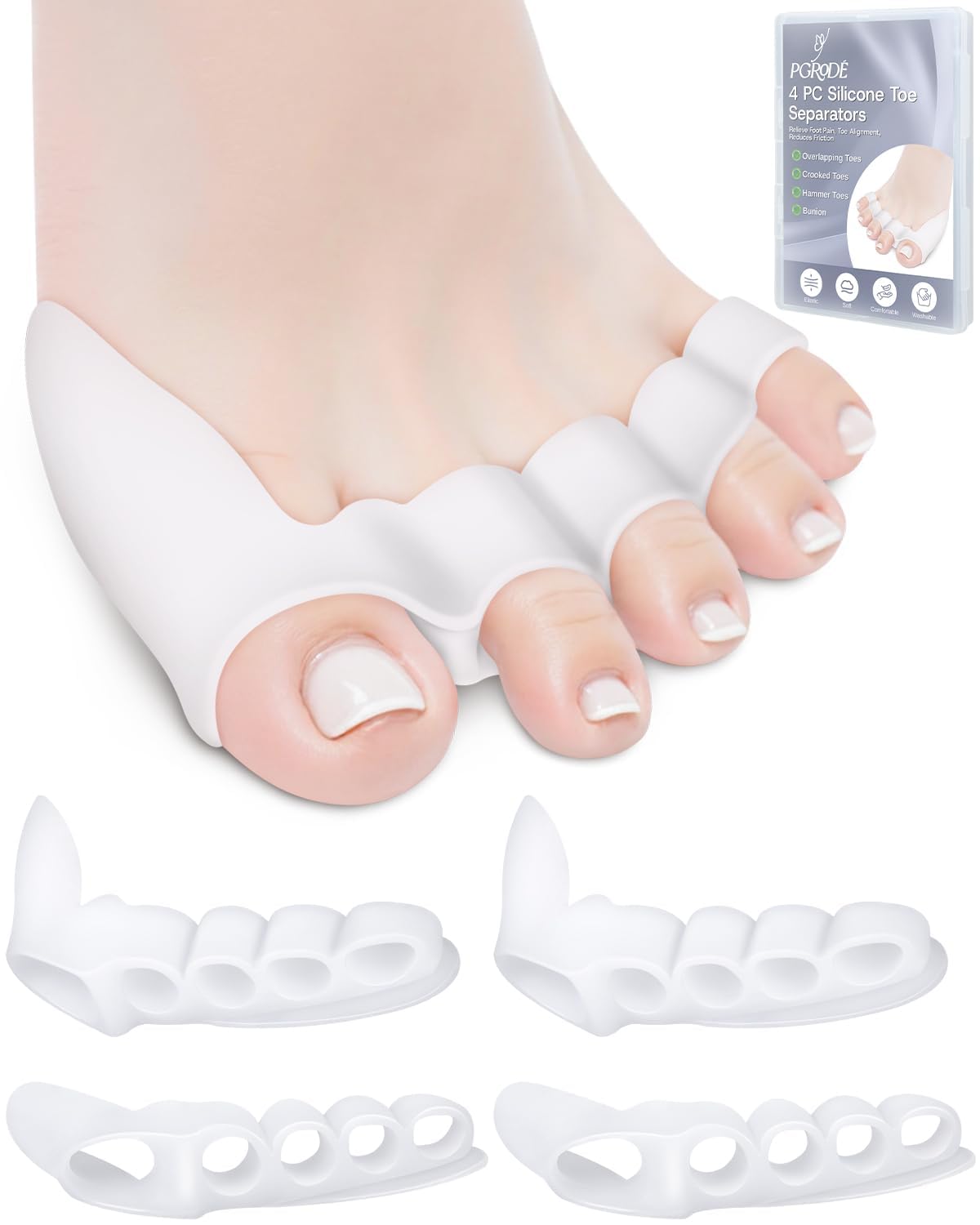 PGRODE 4PC Silicone Toe Separators Spacers for Women and Men Bunion Protector, Overlapping Toe Corrector Toe Alignment, Foot Pain Relief, Reduces Friction, Day and Night Use