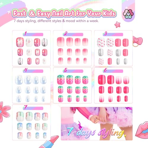 SAVILAND Kids Press On Nails Set - 168 Pre-Glued Short Nails, Blue Pink White Silver, Glitter Patterns for Ages 8-12
