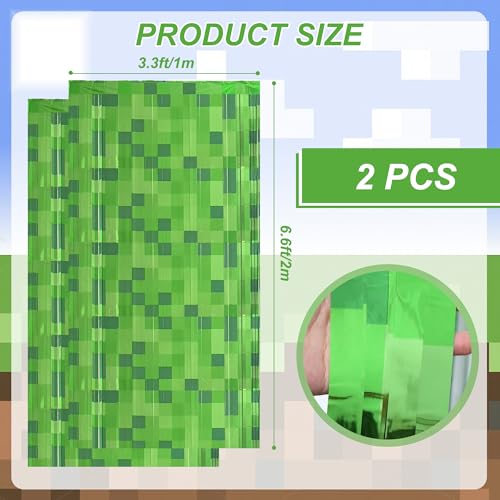 Green Pixel Miner Foil Fringe Curtains - 2 Pack, 3.3x6.6ft for Gamer Party