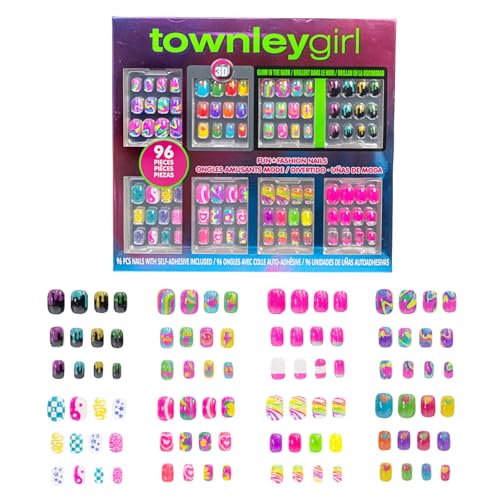 Townley Girl Rainbow Glow-in-the-Dark Press-On Nails Set for Kids, 96 Pieces