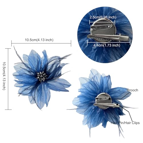 Sanrich 4pcs Organza Flower Feather Hair Clips - Blue