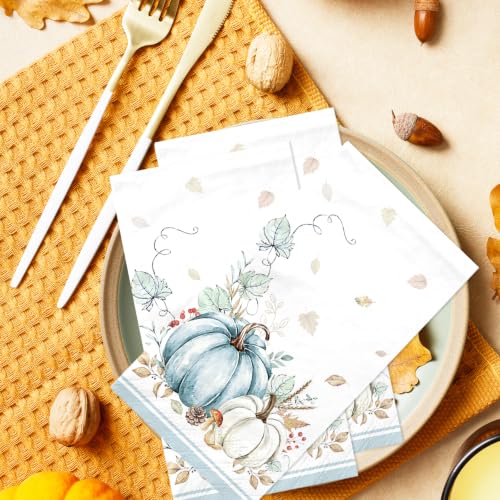 Fall Paper Guest Napkins - 100 Pack Blue Pumpkin Design for Thanksgiving