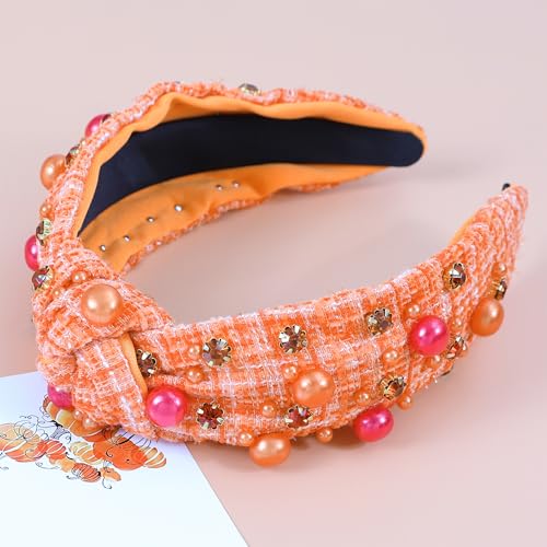 Thanksgiving Orange Knotted Headband with Crystal Pearls for Women