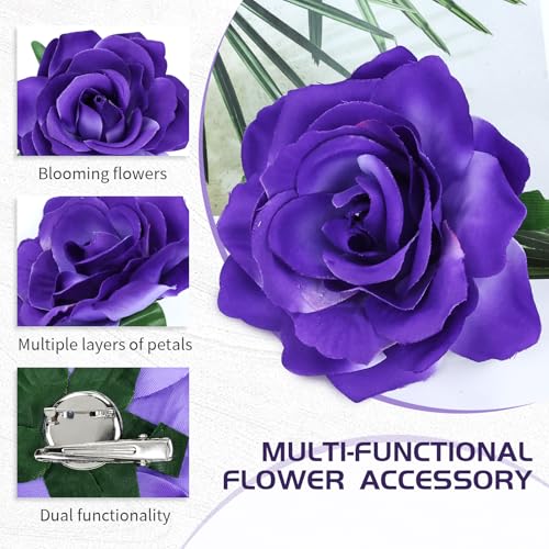 Purple Flower Hair Clips 10cm Alligator Barrettes for Women & Girls - Wedding Party Prom Accessories (Pack of 9)