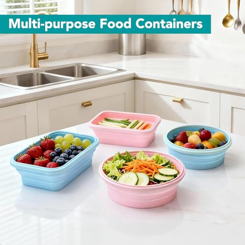 Collapsible Silicone Food Storage Containers - 4-Piece Set, Leak-Proof & Space-Saving