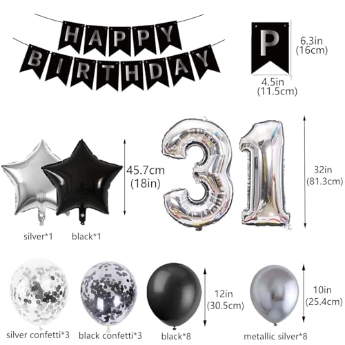 31st Birthday Decorations Set - Black & Silver Party Supplies