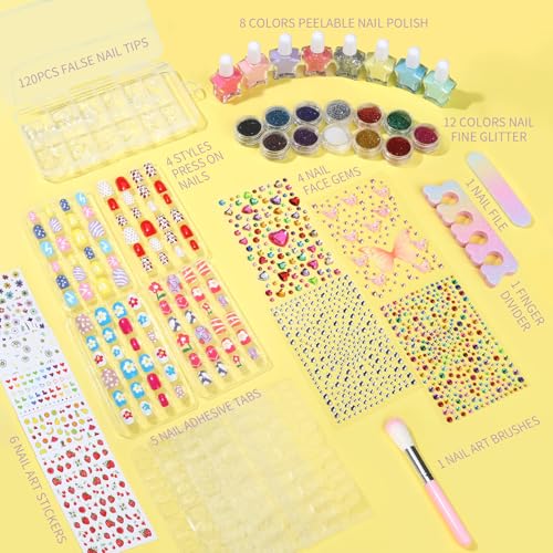 FANDAMEI Kids Nail Art Kit - Peelable Polish, Press-on Nails & Stickers