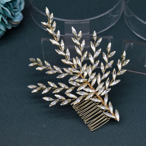 WONRLUA Handmade Gold Rhinestone Bridal Hair Piece with Comb