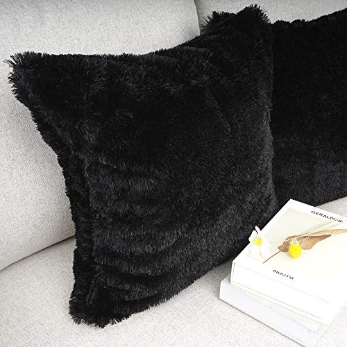 Luxury Merino Faux Fur Throw Pillow Covers - Set of 2, 18"x18" (Black)