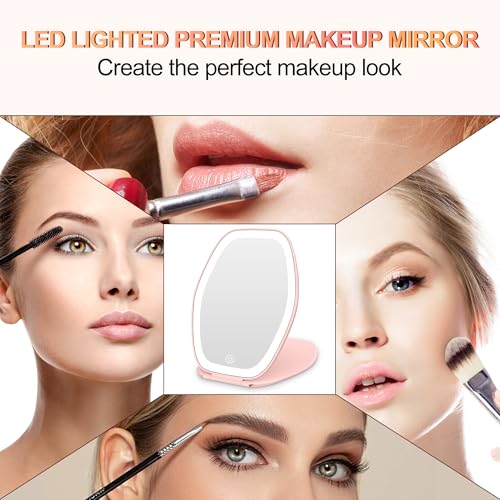 COSYGLOW Portable LED Travel Makeup Mirror - 3-Color Lighted Vanity, Pink