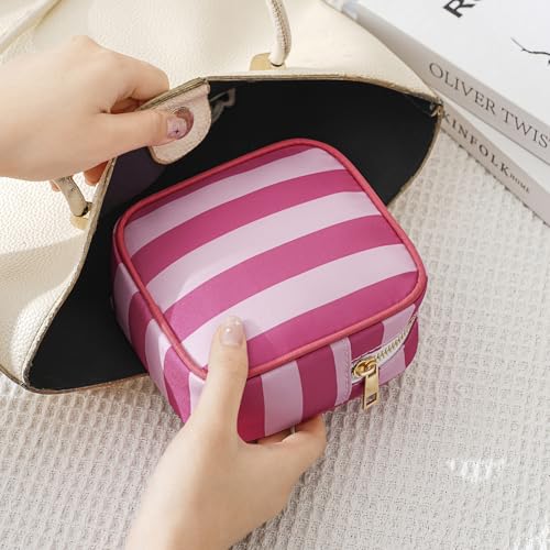 Small Striped Makeup Bag for Purse - Rose Pink Stripes
