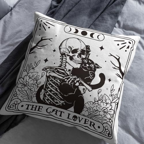 Gothic Skull Black Cat Pillow Cover - 18x18" Polyester Case