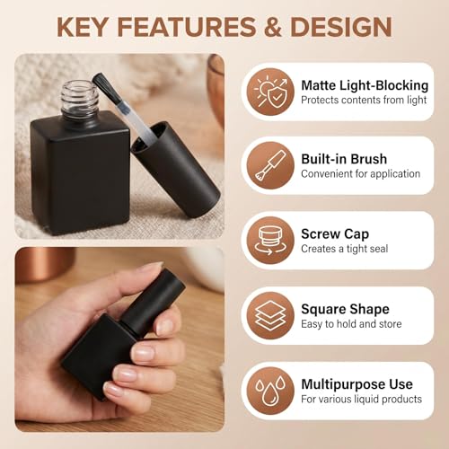 UPSTORE 6 Pack 10ml Matte Black Glass Nail Polish Bottles with Brush, Travel-Friendly