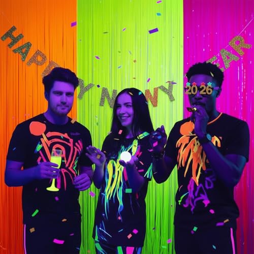 Mega-Loopolis Neon Fringe Curtains - 3 Pack Glow in The Dark Backdrop, 9.9 x 6.6 ft Tinsel for Parties