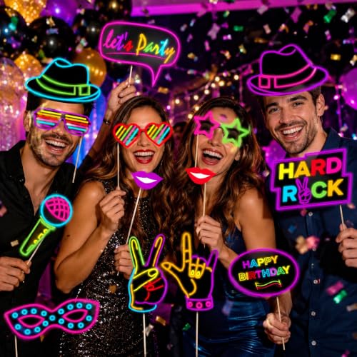16 Pcs Neon Photo Booth Props for Birthday & Disco Parties