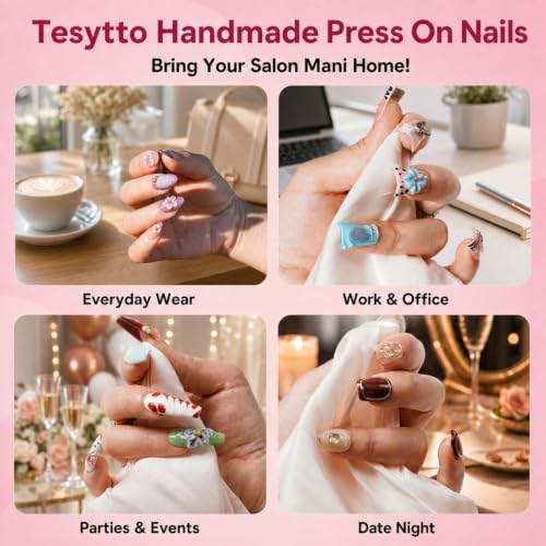 Tesytto Handmade Red Baroque Press on Nails, Medium Square Gothic Glue on Set