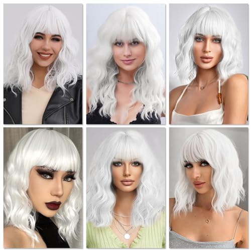 CLIONE White Short Wavy Bob Wig with Bangs for Women & Cosplay - 14 Inch Synthetic Wig