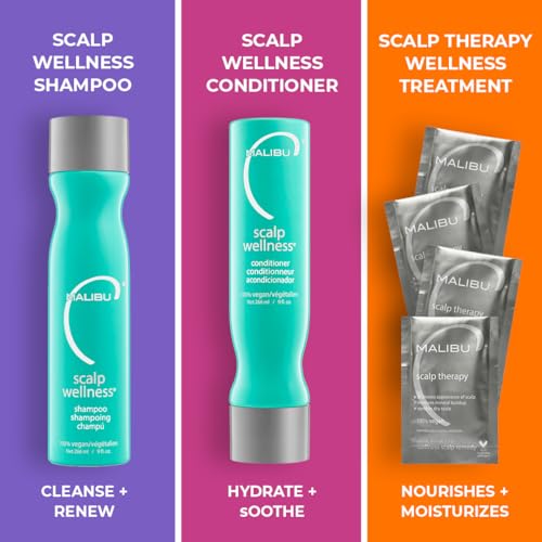 Malibu C Scalp Wellness Collection - Soothing Shampoo and Conditioner Hair Care Set for Dry Scalp - Formulated with Vitamin C Antioxidant Complex - Travel Size Scalp Remedy Packets Included (33.8 oz)