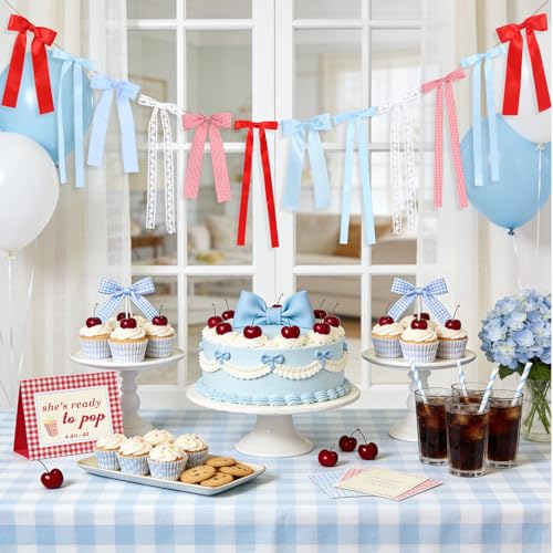 Cherry Gingham Bow Garland with Lace Accents - Party Decoration