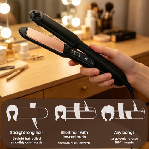Ariie 1.6 Inch 2-in-1 Titanium Ceramic Hair Straightener & Curler, Dual Voltage