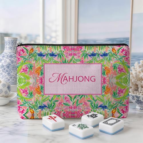 Blue Leaves Mahjong Tile Bag - Portable Canvas Carrying Case for Tiles