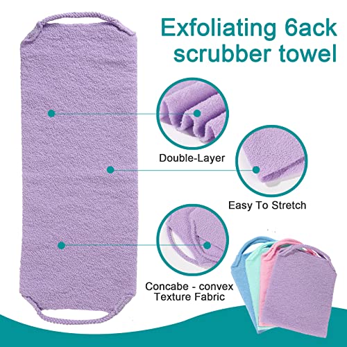 LZCNM 4 Pack Exfoliating Body Scrubber with Handles - Extended Length Back Scrubber for Shower, Men & Women (Green, Blue, Purple, Pink)