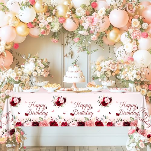 Burgundy Floral Tablecloths - 3 Pack 108x54 inch for Birthday Parties