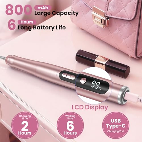 Hoxida Cordless Nail Drill 35000RPM - Rechargeable Electric Nail File, Rose Gold