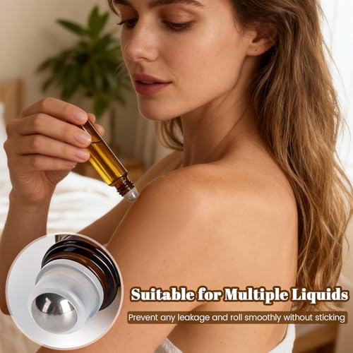 54 Pack 10ml Amber Glass Roller Bottles with Stainless Steel Roller Balls