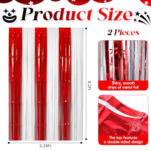 Zhanmai Red and White Foil Fringe Curtains - 2 Pack 3.28x8.2 ft Tinsel Backdrop for Parties