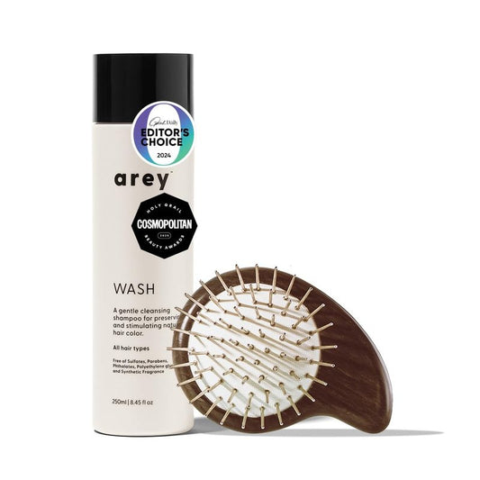 Arey Wash Shampoo & Scalp Brush Set - Proactive Clean & Scalp Care Bundle | Vegan Formula for Stronger Hair & Healthy Scalp
